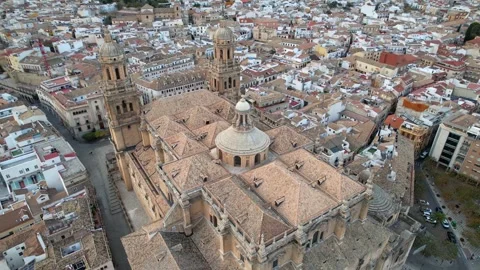 Drone Flight Over Jaen Cathedral and Scenic City Skyline, Andalusia Spain Stock Footage 323972827