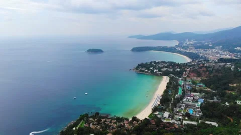 Drone flight over Kata Noi beach from Karon View Point, turquoise water, beaches Stock Footage 246107718