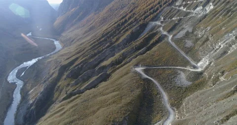 Drone flight over Katu Yaryk mountain pass and valley of Chulyshman river, Altai Stock Footage 143965834