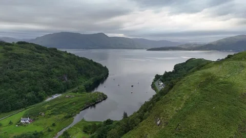 Drone Flight Over Kentallen Mountains Towards the Scottish Sea Stock Footage 331348271