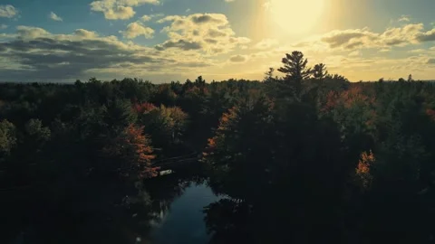 Drone Flight Over A Lake Between Trees And Landing Over A Bridge Video stock 255045413