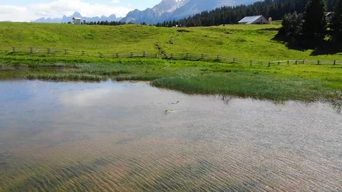 Drone flight over a lake in Dolomite mountains Stock Footage 112332672