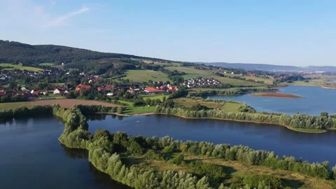 Drone flight over lake, Germany Stockbeeldmateriaal 141115260