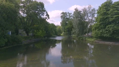 Drone Flight Over the lake Oker in Braunschweig Bürgerpark Stock Footage 333114783