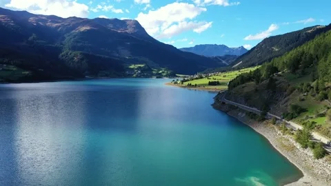 Drone flight over Lake Reschensee in South Tyrol Stock Footage 210822082