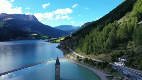 Drone flight over Lake Reschensee in South Tyrol Stock Footage 210822083