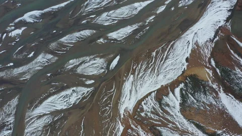 Drone Flight Over Landscape With Snow On Braided River Stock Footage 168774927