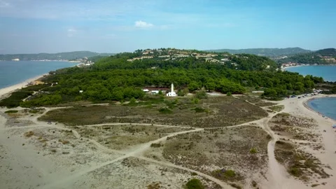 Drone Flight Over Lighthouse and Sandy Coast of Kassandra, Halkidiki – 4K Vídeo Stock 321939144