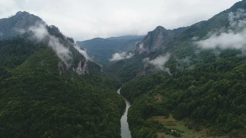 Drone flight over lush mountain valley and Tara river in Montenegro Stock Footage