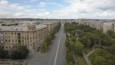 Drone flight over the main street of Magnitogorsk Stock Footage 94332296