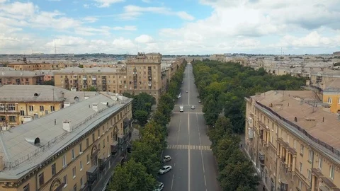 Drone flight over the main street of Magnitogorsk Stock Footage 94333692