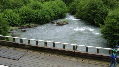Drone flight over a man standing on the bridge in fron of wide rocky river Stock Footage 229836061