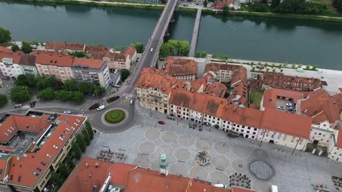 Drone Flight Over Maribor Main Square and Old Bridge, Slovenia Stock Footage 340622072