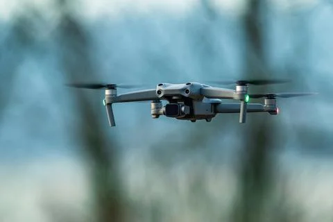 Drone in flight over marshland, Devon, England Stock-Fotos