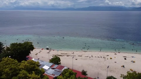 Drone flight over Moalboal White Beach coastline with tropical sea jungle an Stock Footage 335395193