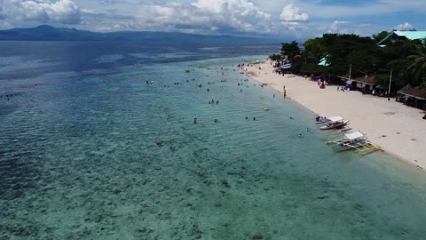 Drone flight over Moalboal White Beach coastline with tropical sea jungle an Stock Footage 335395902