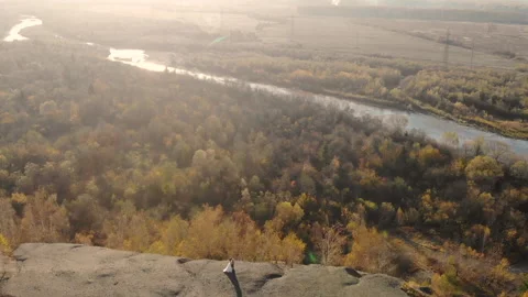 Drone flight over the mountains and the river. Golden autumn Stock Footage 130277189