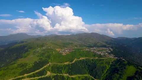 Drone flight over the mountains and thick white clouds. Gomis Mta Georgia Stock Footage 168529007