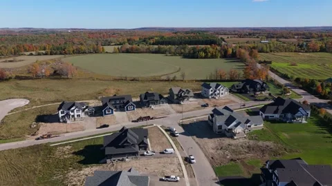 Drone flight over a new subdivision in Alton, Caledon, Ontario with cul-de-sac Stock Footage 326281783