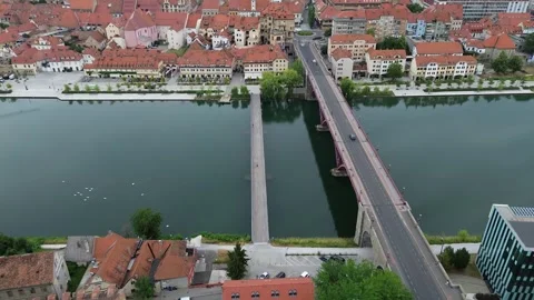 Drone Flight Over Old Bridge and Drava River in Maribor, Slovenia Stock Footage 340621151
