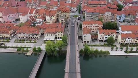 Drone Flight Over Old Bridge and Drava River in Maribor, Slovenia Stock Footage 340621965