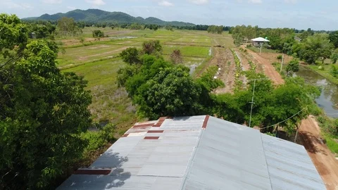 Drone flight over old tin roof and fields in rural Thailand Stock Footage 85875748