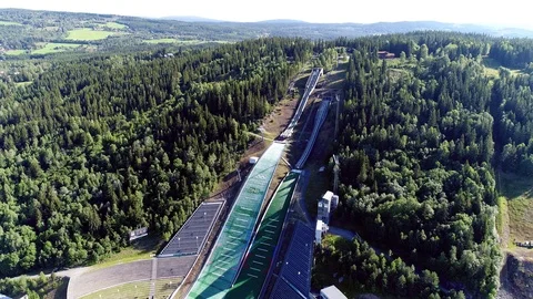Drone flight over Olympic Ski Jump in Lillehammer Norway Stock Footage 95309530