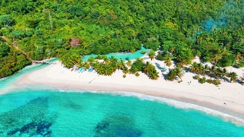 Drone flight over palm beach and tropical sea on sunny summer day. Stock Footage 304366671