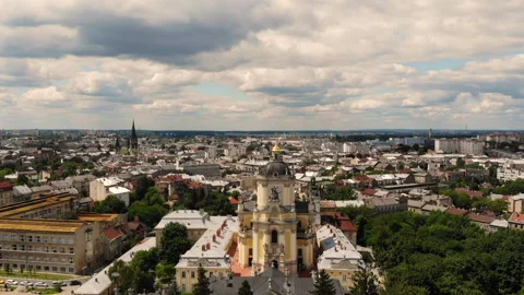 Drone flight over the park and the church of St. George in Lviv Stock Footage 130272638