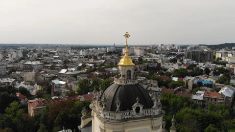 Drone flight over the park and the church of St. George in Lviv Stock Footage 130649966