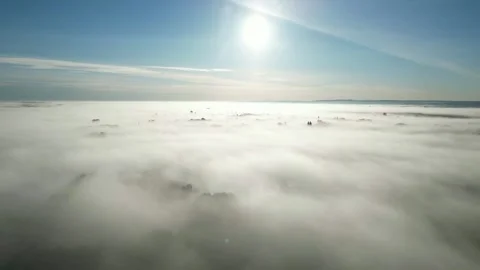 Drone Flight Over Park With Trees Peeking Through Mist Clouds Stock Footage 248623015
