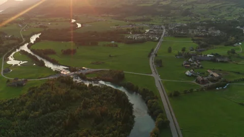 Drone Flight Over Patchwork Landscape At Sunset Video stock 161042979