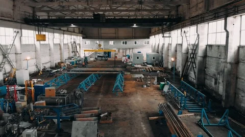 Drone flight over pipe factory. production room. industrial warehouse. Aerial 스톡 동영상 97819626