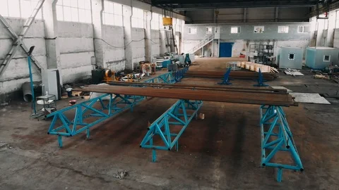 Drone flight over pipe factory. production room. industrial warehouse. Aerial Stock Footage 97823401