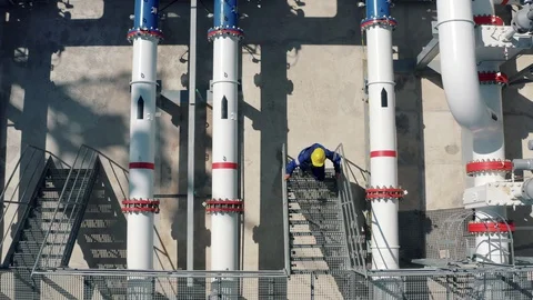 Drone flight over pipes for transporting oil, gas and other fuel Video stock 128549432