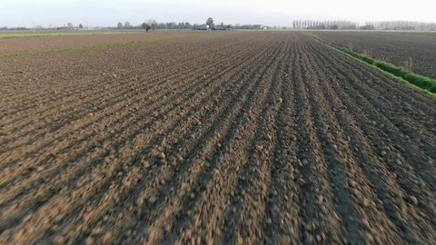 Drone flight over a plowed field Stock Footage 98324046