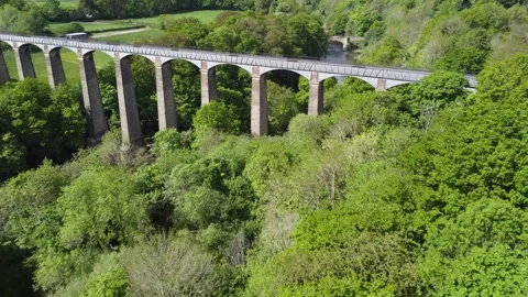 Drone flight over Pontcysyllte Aqueduct and the River Dee valley in North Wales Video stock 346228968