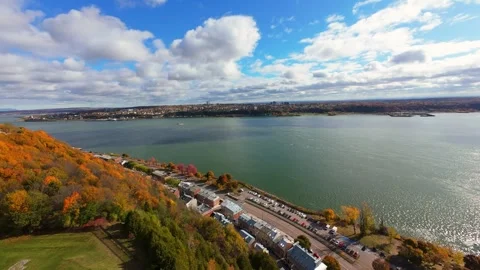 Drone Flight Over Quebec City and St. Lawrence River with Fall Colors, Canada Stock Footage 319962747