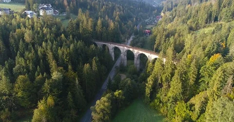 Drone flight over railway viaduct in Wisla. 스톡 동영상 80630658