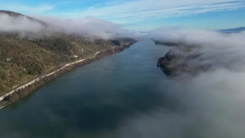 Drone Flight Over the Rhone River in Southern France, with Dense Morning Fog Stock Footage 300891254