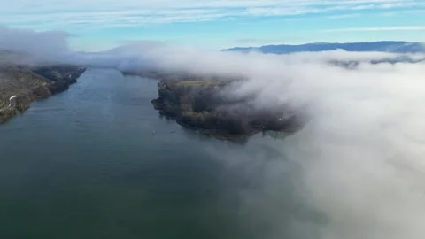 Drone Flight Over the Rhone River in Southern France, with Dense Morning Fog Stock Footage 300891264