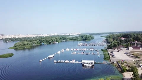 Drone flight over the river and the yacht dock. Stock Footage 166534407