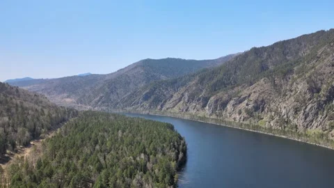 Drone flight over the river and mountains and forest on a sunny day Video stock 199040881