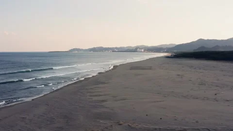 Drone flight over river and beach with waterbirds at sunset Miyazaki Japan Stock Footage 259670502