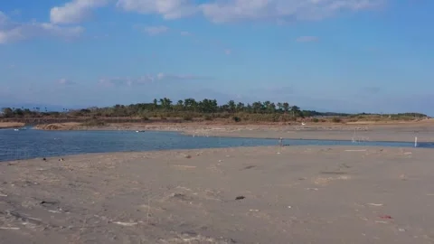 Drone flight over river and beach with waterbirds at sunset Miyazaki Japan Stock Footage 259670624