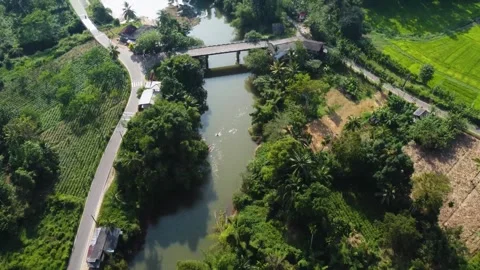Drone flight over a river and a bridge next to a road in the jungle of srilanka, Stock Footage 273502220