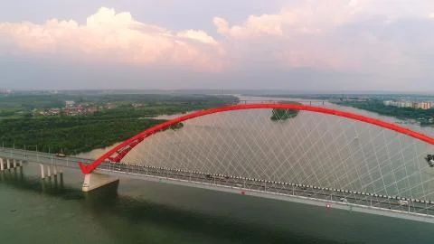 Drone flight over the river. cable-stayed bridge.beautiful landscape Stock Photos