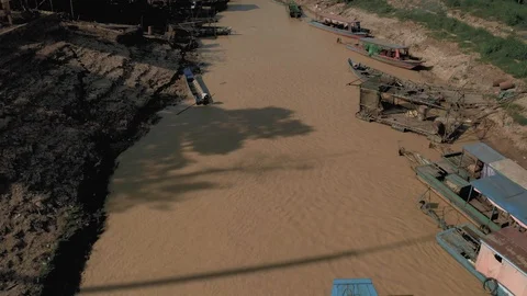 Drone flight over the river in Floating Village in Cambodia, Pean Bang, Tonle Stock Footage 118531240