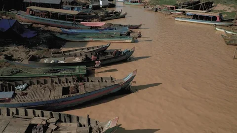Drone flight over the river in Floating Village in Cambodia, Pean Bang, Tonle Stock Footage 118532809