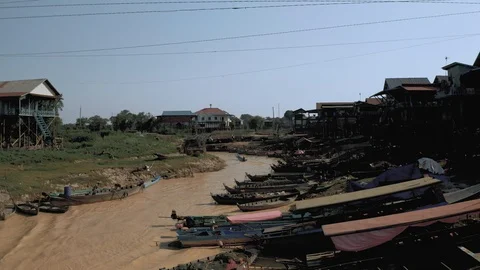 Drone flight over the river in Floating Village in Cambodia, Pean Bang, Tonle Stock Footage 119920488